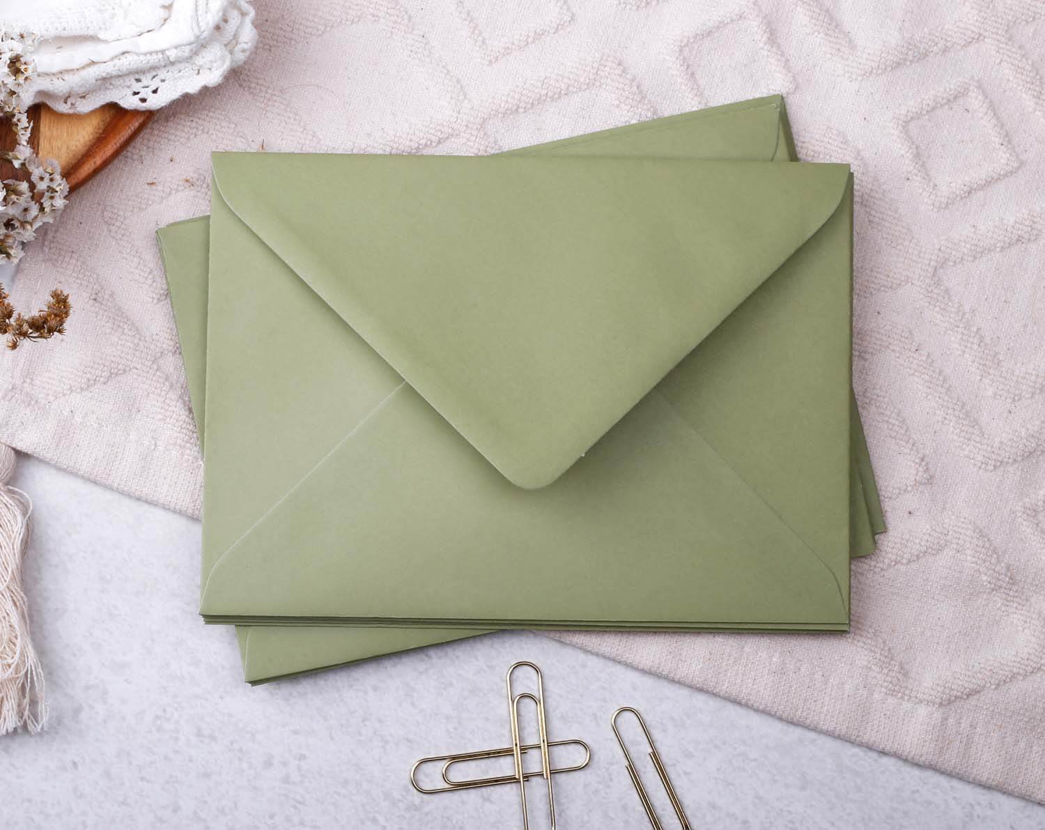 Greenery Personalised Note cards featuring elegant green envelopes ideal for nature-inspired stationery.