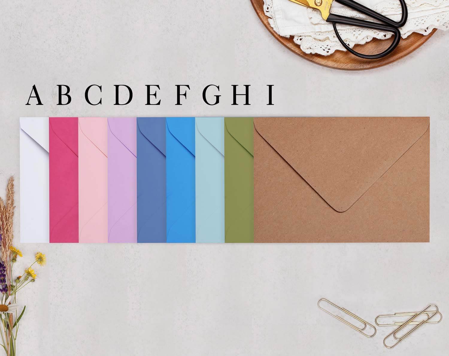 Colorful envelopes for Greenery Personalised Note Cards stationery set in various shades.