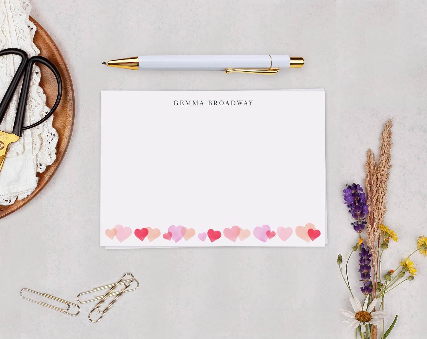 Heart Personalised Note cards with pastel heart illustrations and a white background, perfect for heartfelt messages.