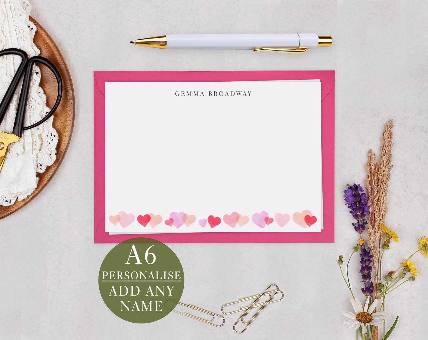 Heart Personalised Note cards featuring charming heart illustrations and custom name option.