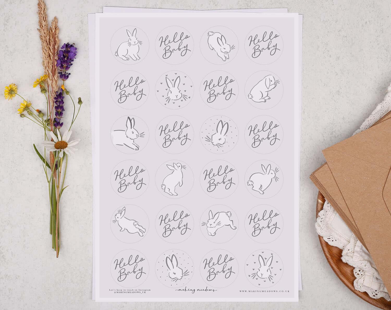 'Hello Baby' Neutral Bunny Sticker Sheet. Decorative Stickers designed by Making Meadows