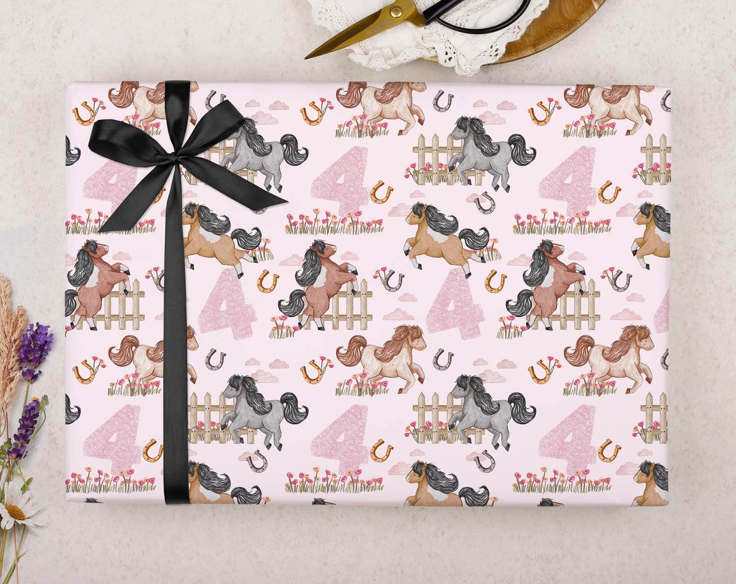 Horse 4th Birthday Wrapping Paper featuring colorful horses and a festive design, perfect for kids' birthday gifts.