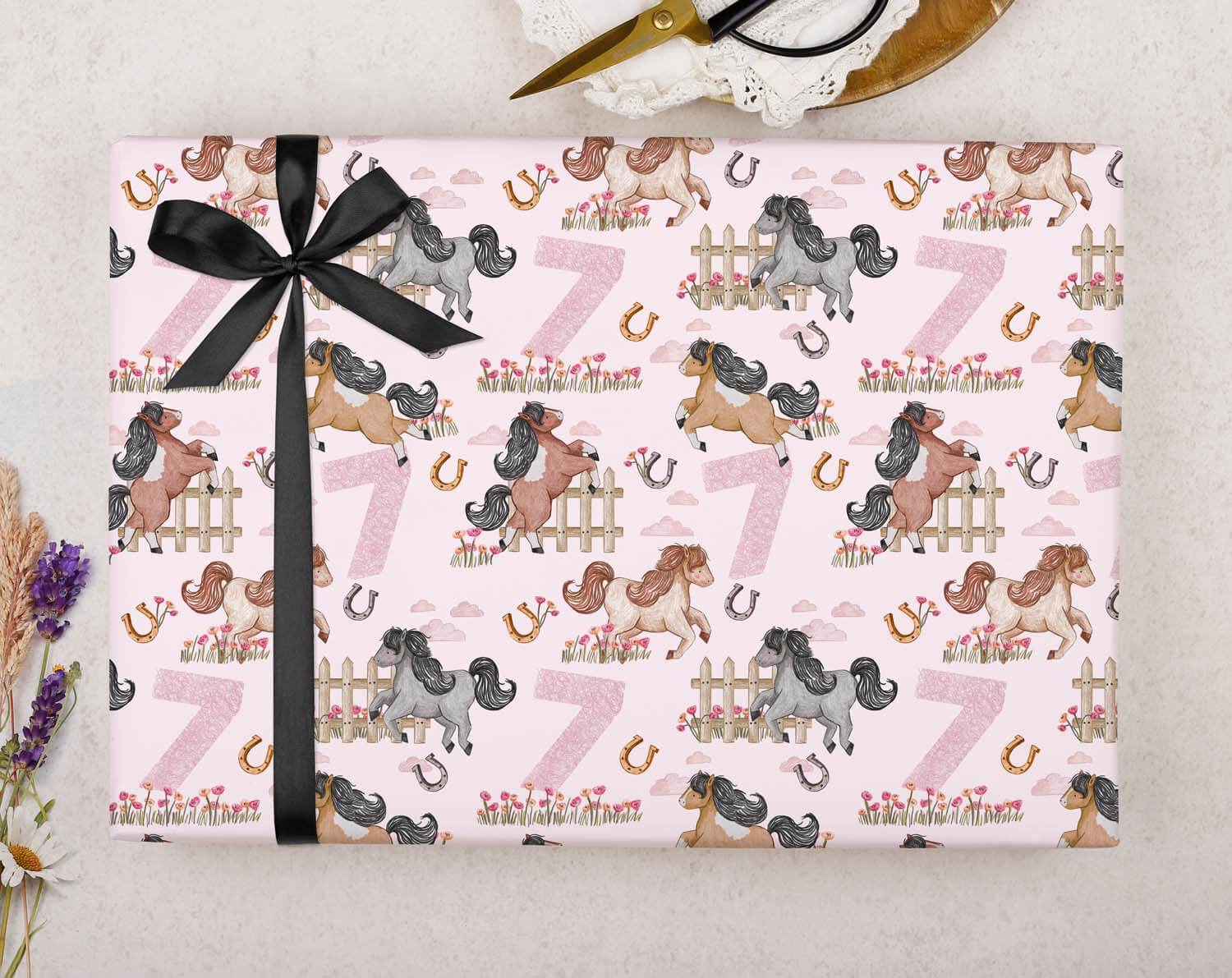 Horse 7th Birthday Wrapping Paper featuring playful horses and festive designs on pink background.