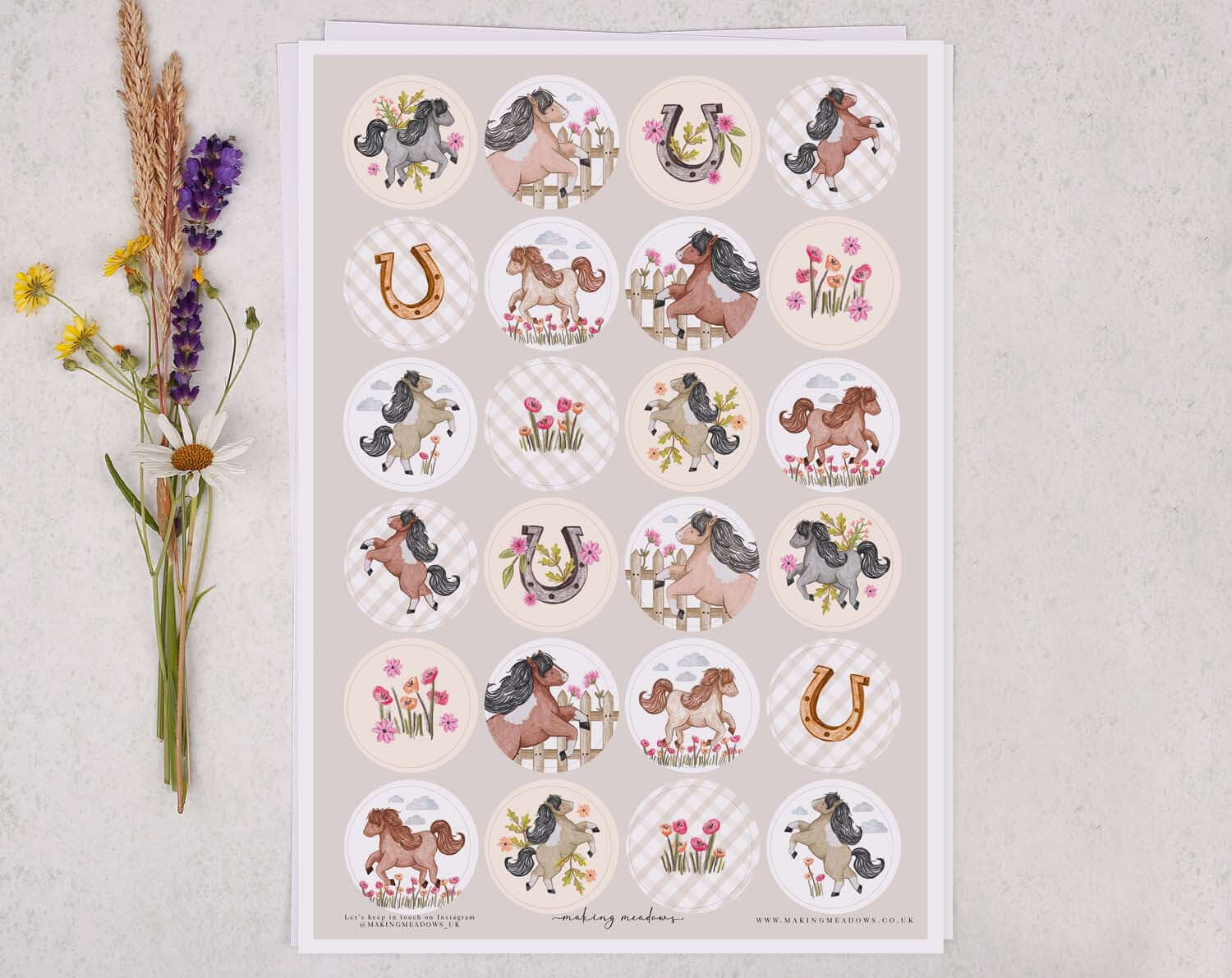 Horse A4 Sticker Sheet featuring colorful horse designs and floral elements on a circular sticker layout.
