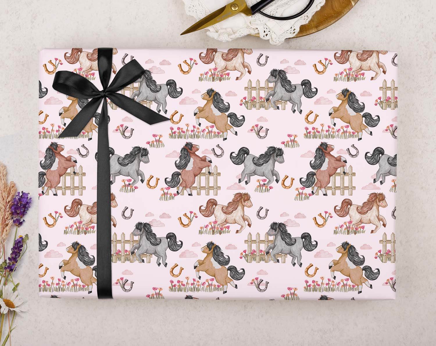 Horse Birthday Wrapping Paper featuring charming horse patterns on pink background
