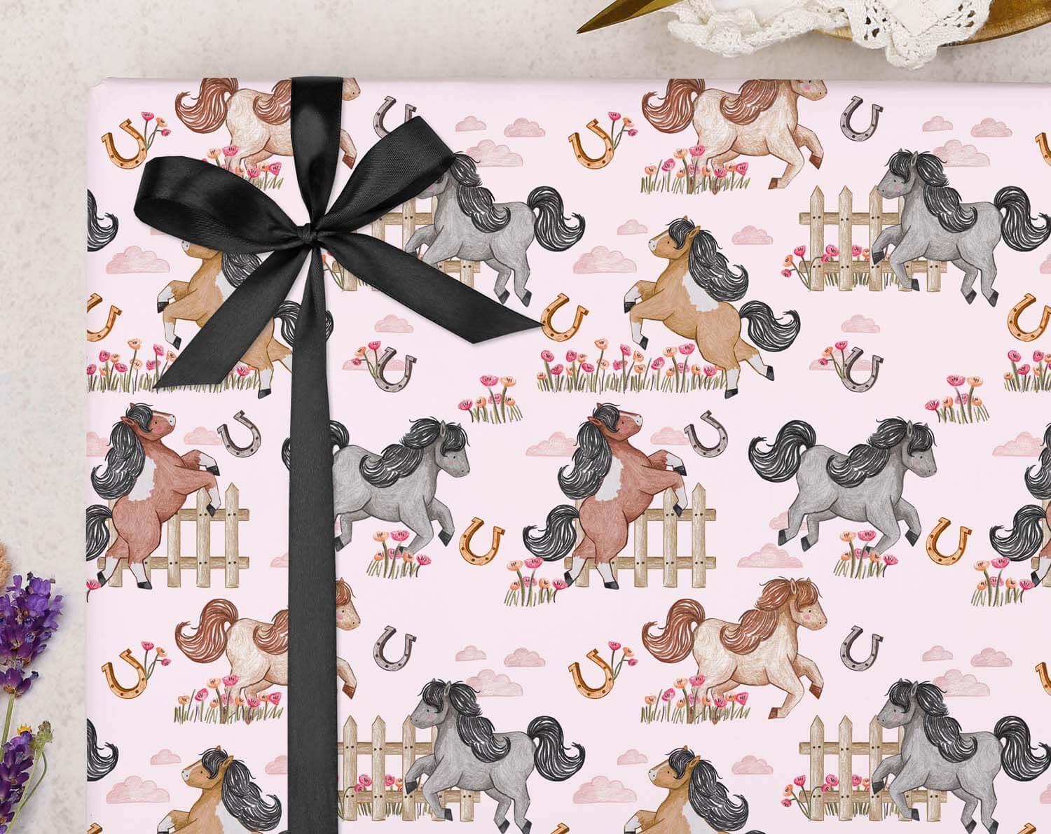 Horse Birthday Wrapping Paper featuring playful horse patterns in pink, ideal for wrapping gifts for children who love ponies.