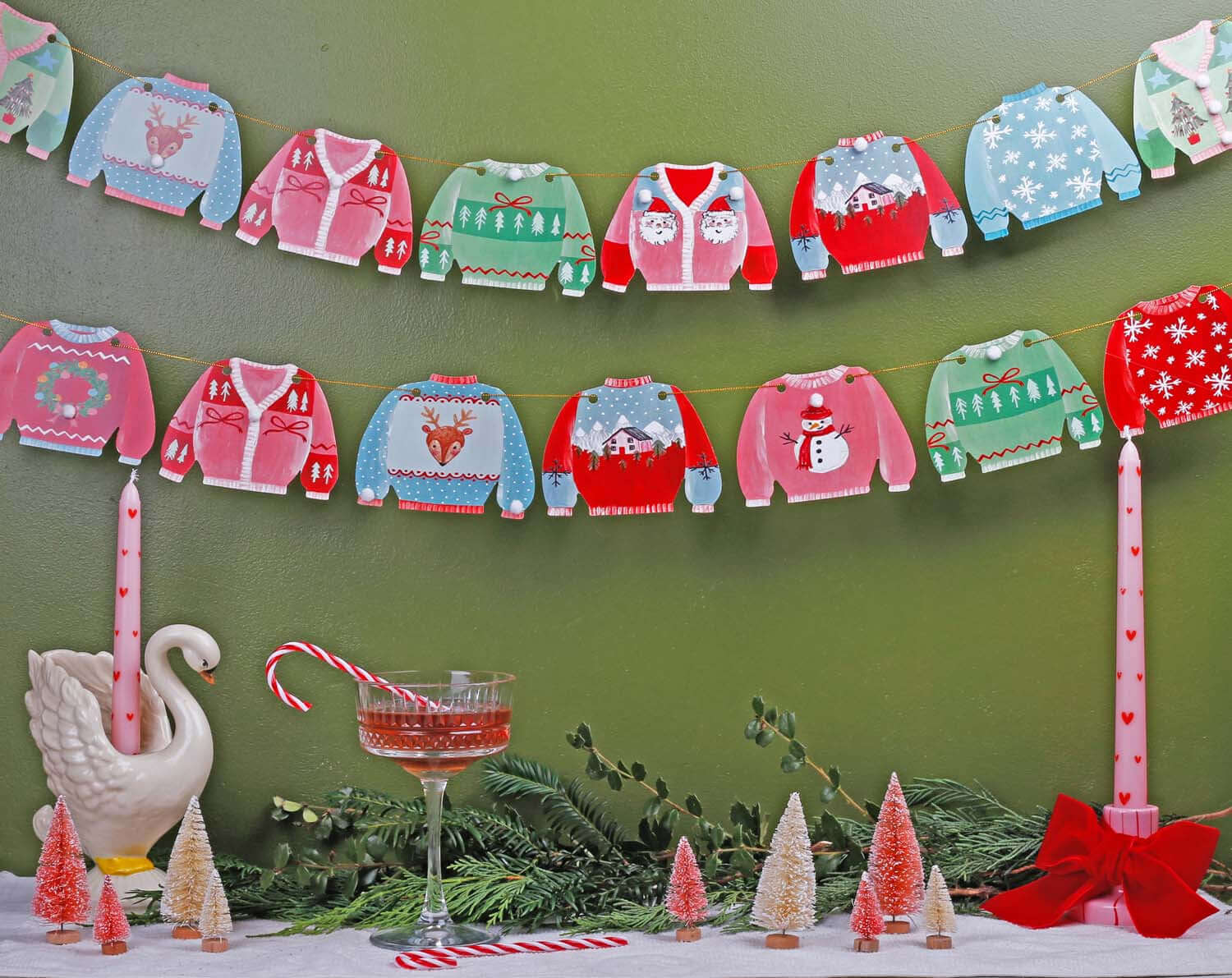 Jumper Christmas Bunting with colorful flags and festive decor, perfect for holiday celebrations.