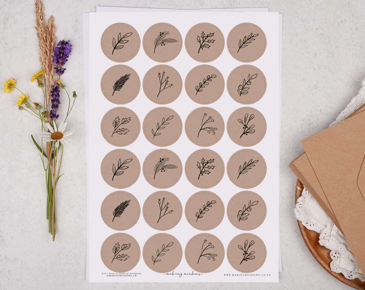 Kraft Botanical Sticker Sheet. Decorative Stickers designed by Making Meadows