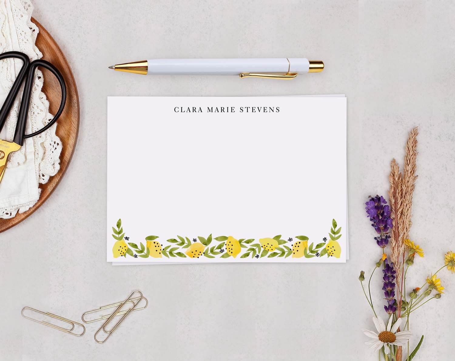 Lemon Personalised Note cards with hand-painted lemon design, perfect for cheerful correspondence.