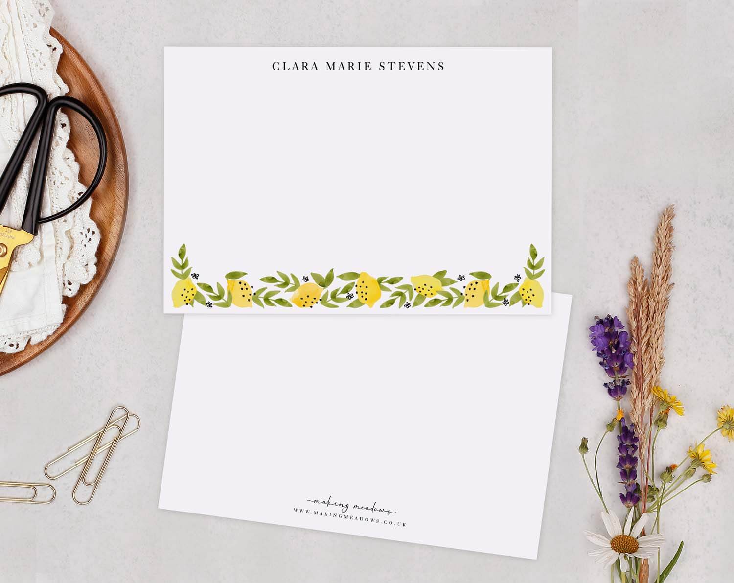 Lemon Personalised Note Cards featuring a cheerful lemon design and custom name header for personalized correspondence.
