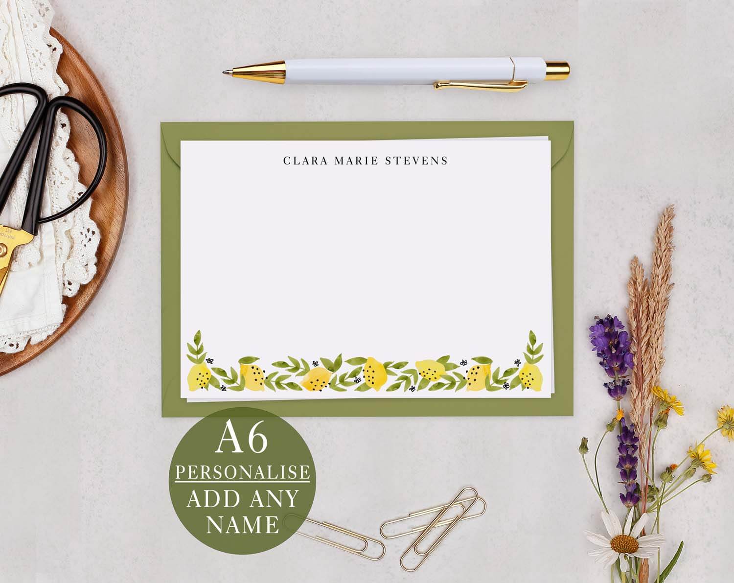 Lemon Personalised Note Cards featuring hand-painted lemon design and customisable name, perfect for cheerful correspondence.