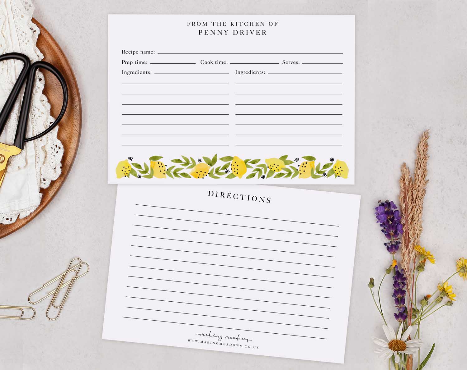 Lemon Design Recipe Cards featuring decorative lemon details and space for ingredients and directions.