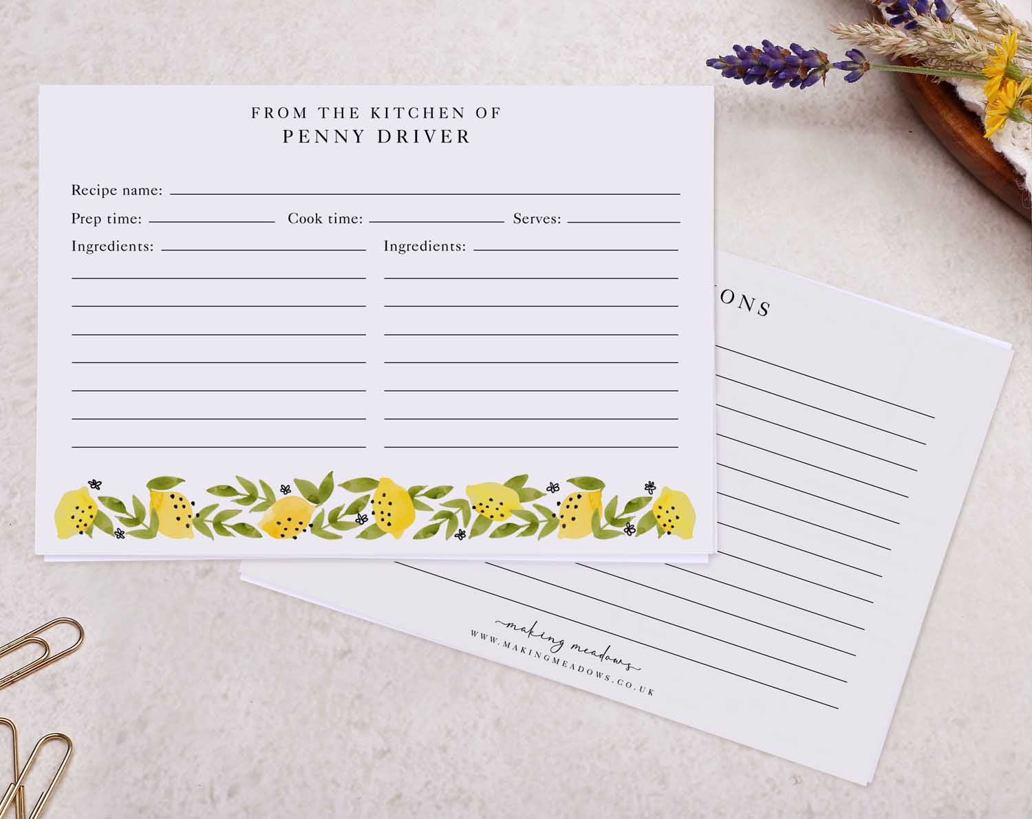 Lemon Design Recipe Cards featuring cheerful lemon graphics for organizing favorite recipes.