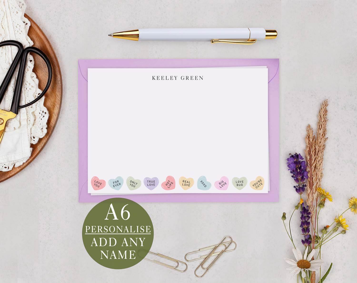 Love Heart Personalised Note cards featuring a cute heart design, customizable with any name.