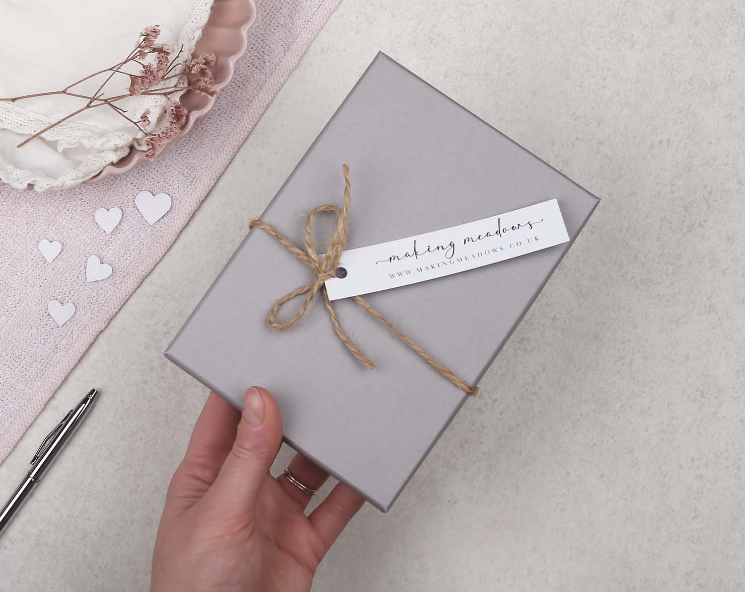 Love Heart Personalised Note cards packaged in a grey box with twine, perfect for heartfelt messages and special occasions.