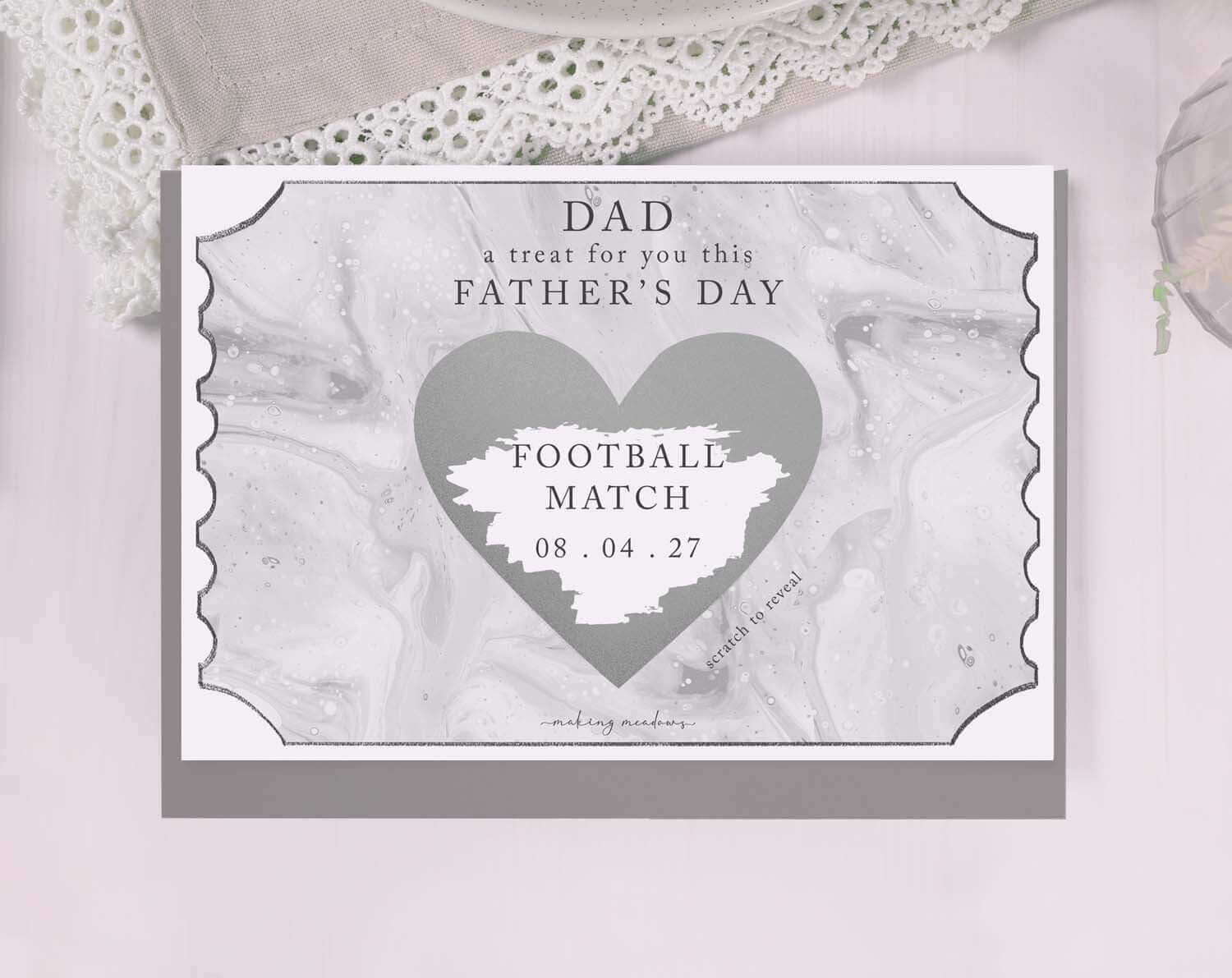 Marble Scratch To Reveal Card For Dad featuring a heart scratch area for Father's Day gift reveals.