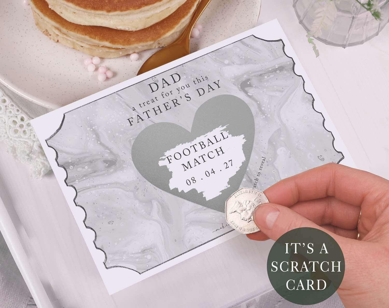 Marble Scratch To Reveal Card For Dad showcasing a silver heart scratch area revealing a surprise for Father's Day.