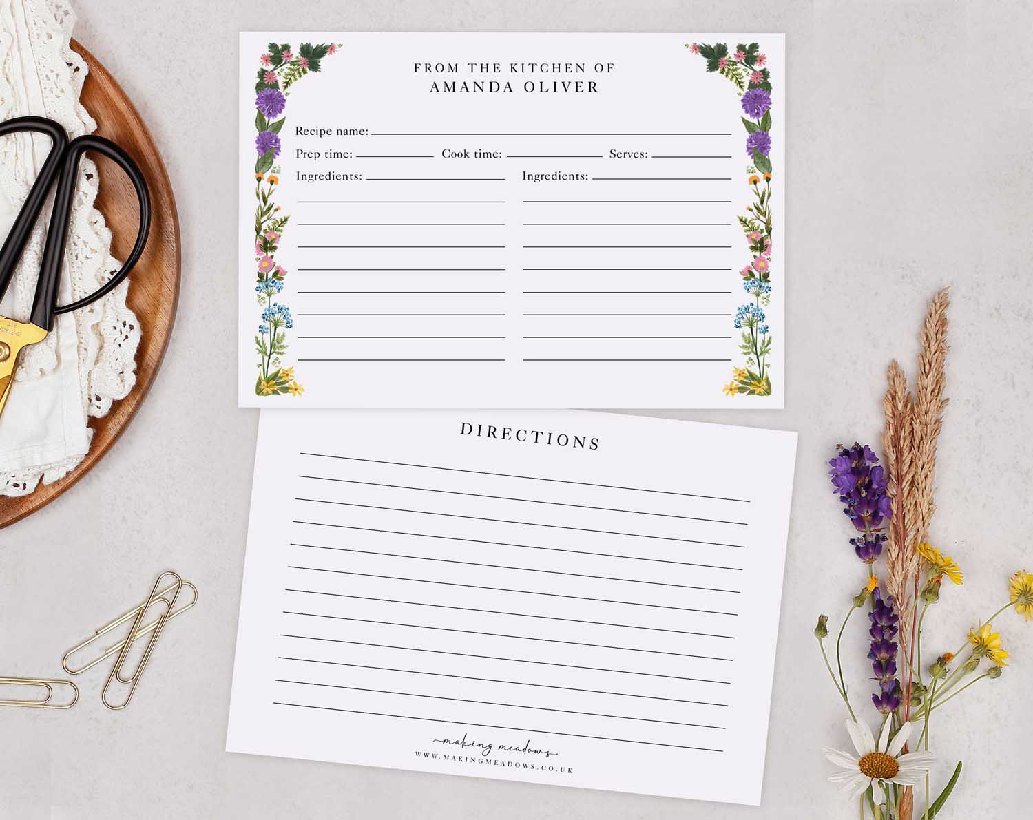 Meadow Flower Recipe Cards design featuring floral borders with spaces for recipe name, prep time, and ingredients.