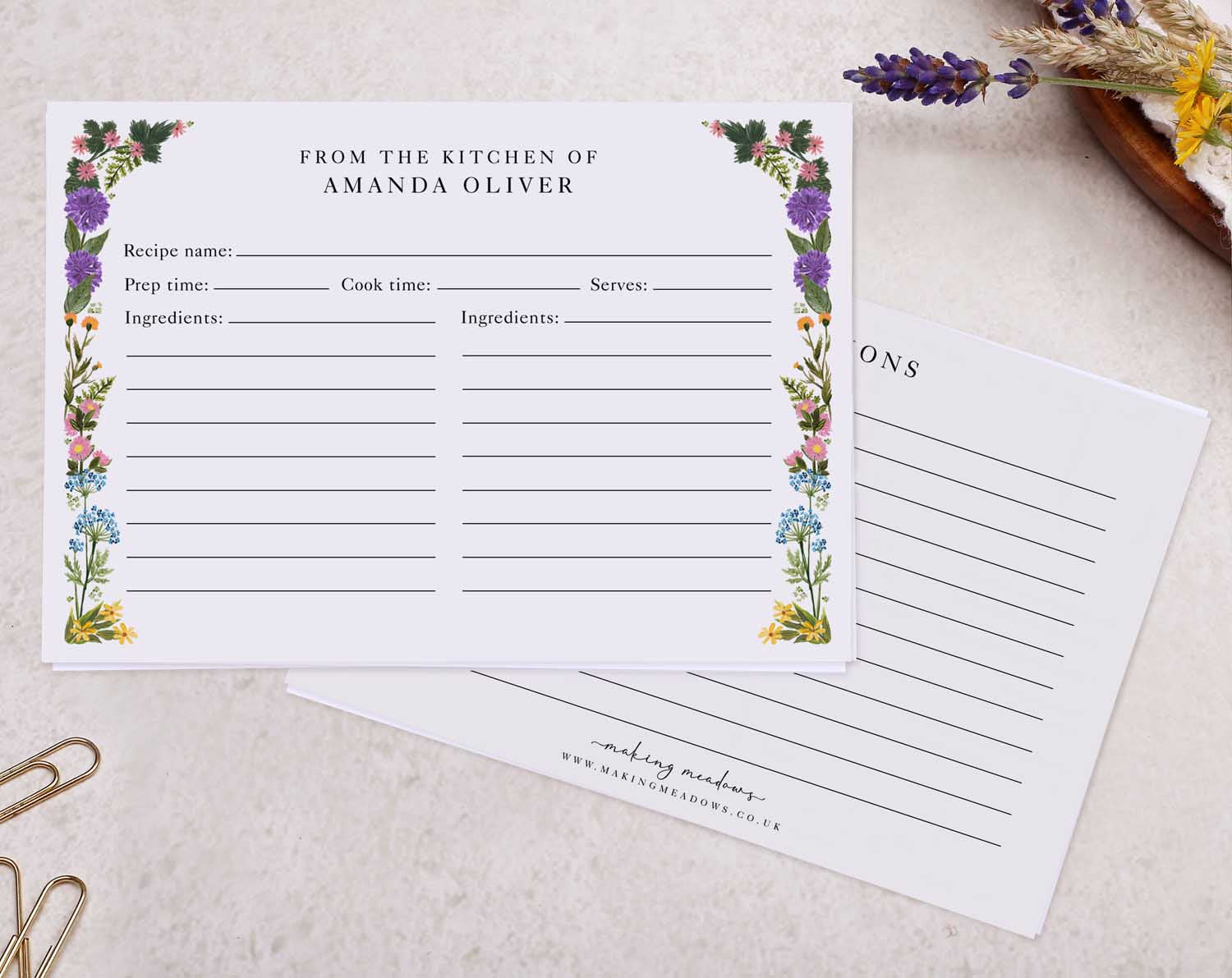 Meadow Flower Recipe Cards featuring floral designs, perfect for organizing favorite recipes and kitchen notes.
