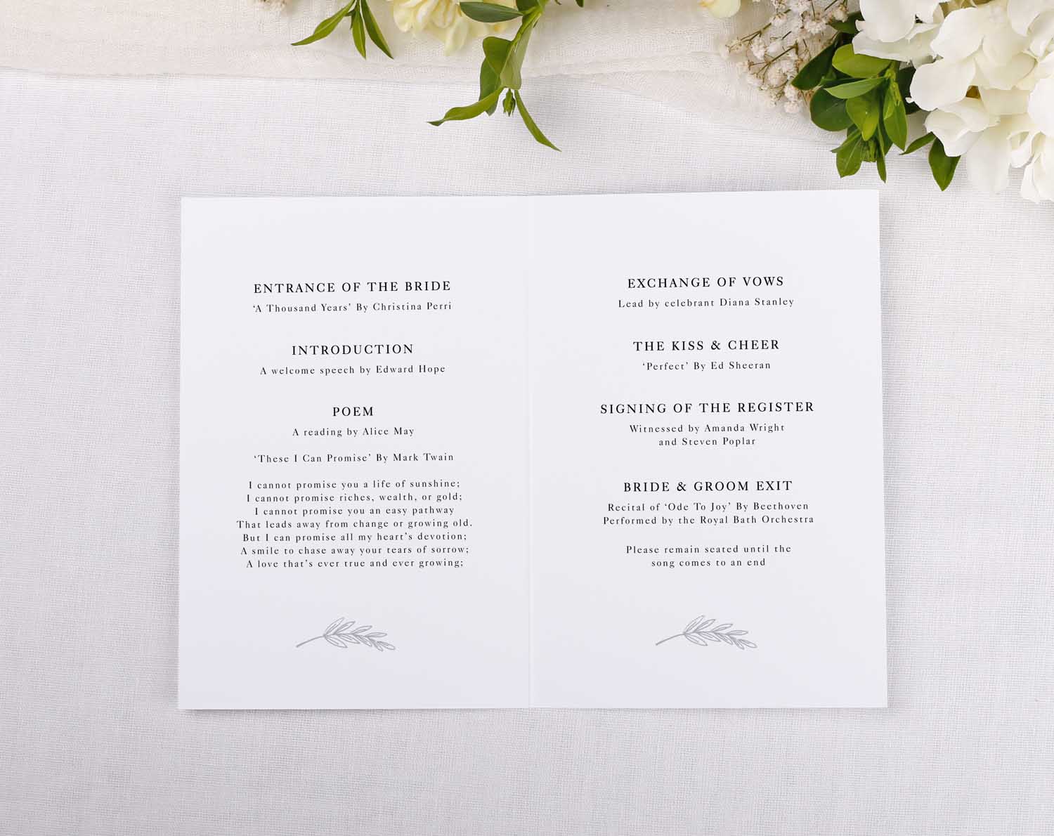 Minimalist Order Of Service booklet for wedding ceremony featuring clean layout and elegant details.
