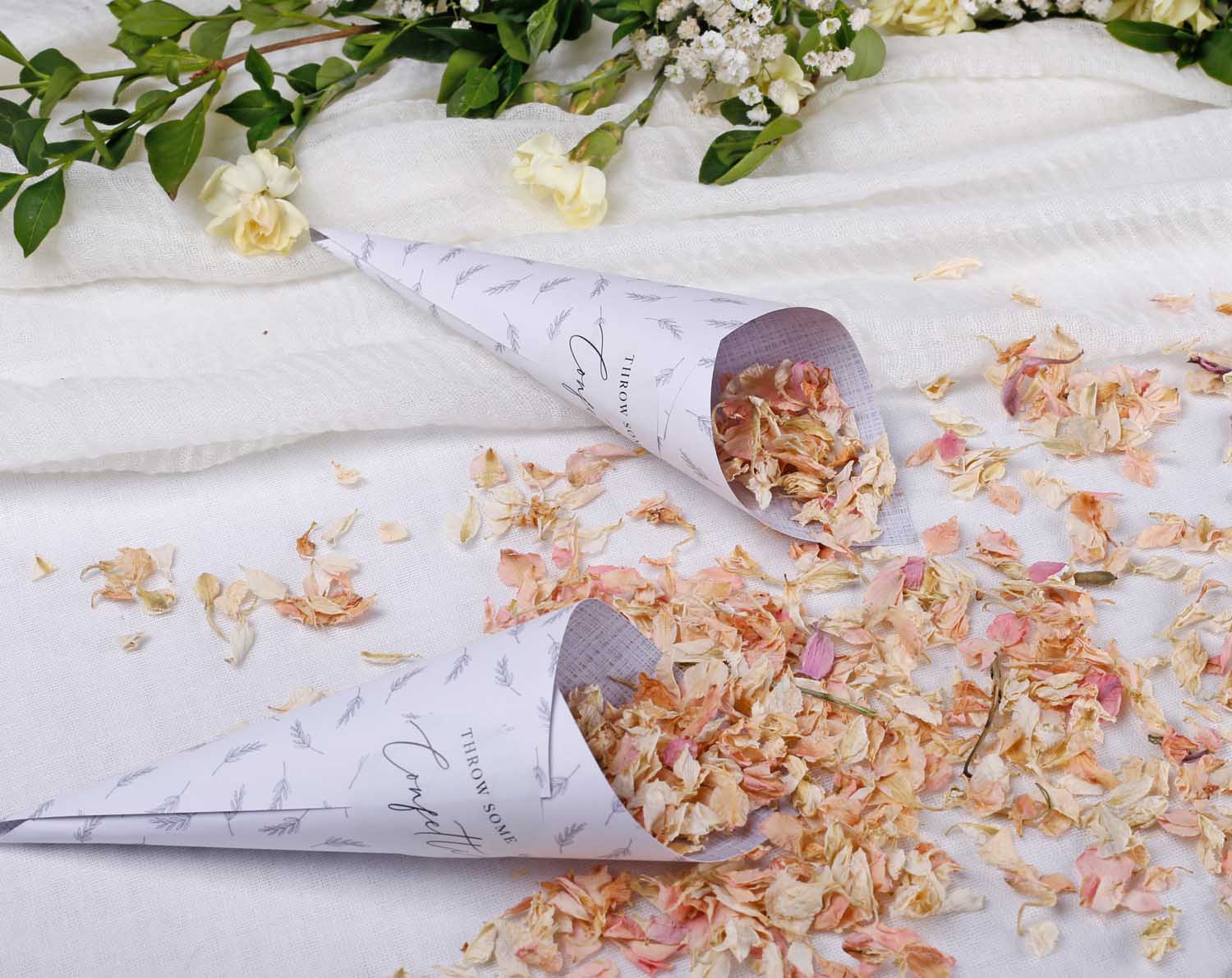 Minimalist Wedding Confetti Cones displayed with dried petals.