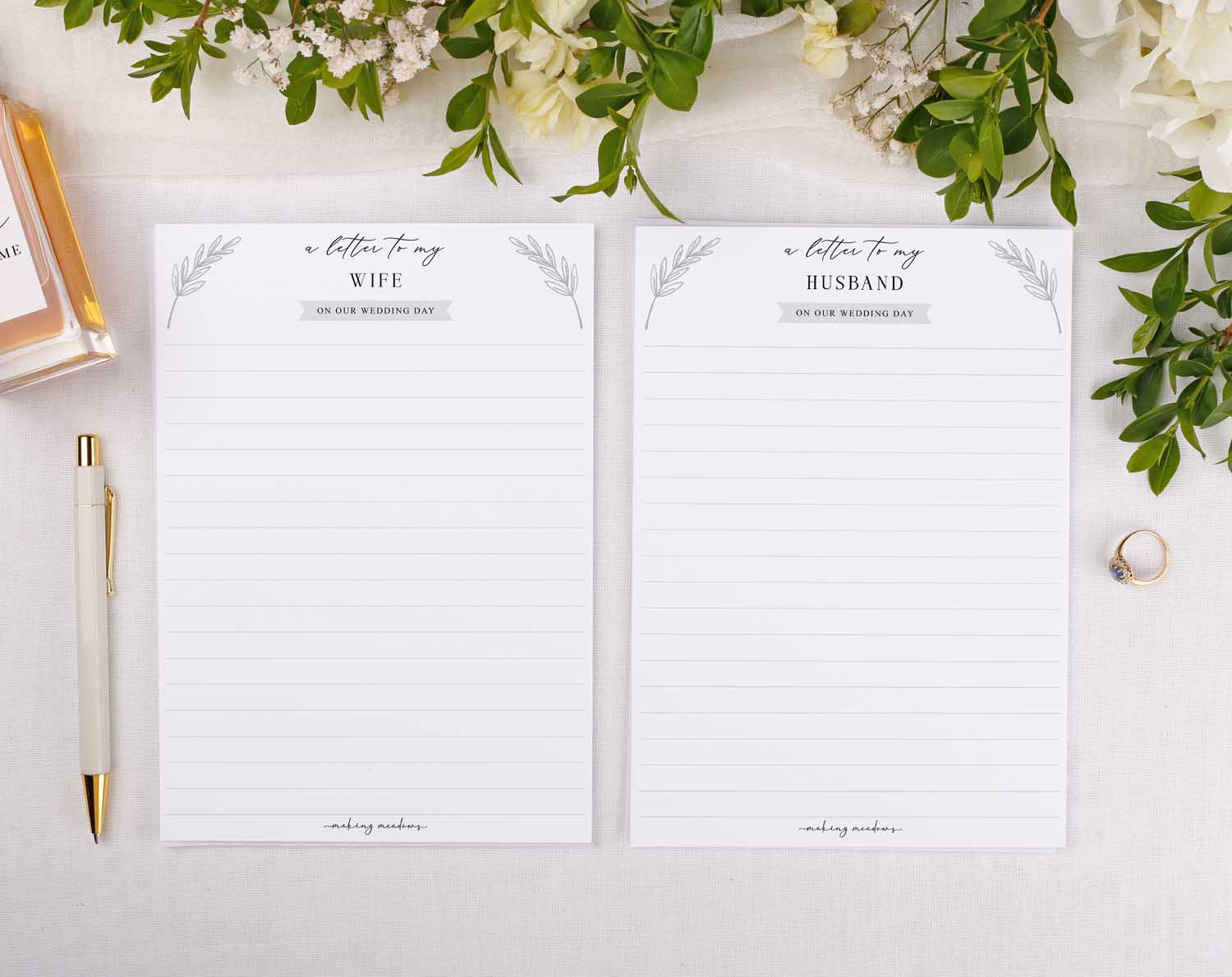 Minimalist Wedding Letter to My Wife and Husband stationery set with floral design.