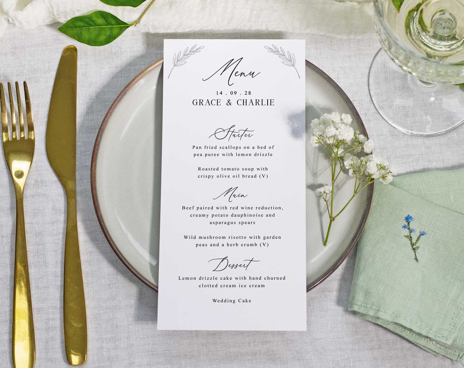 Minimalist Wedding Menus for adding elegance to wedding table decor.