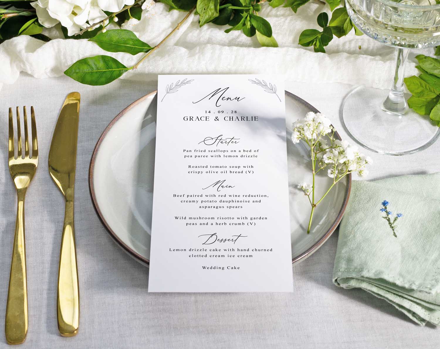 Minimalist Wedding Menus for modern simple wedding with elegant theme.