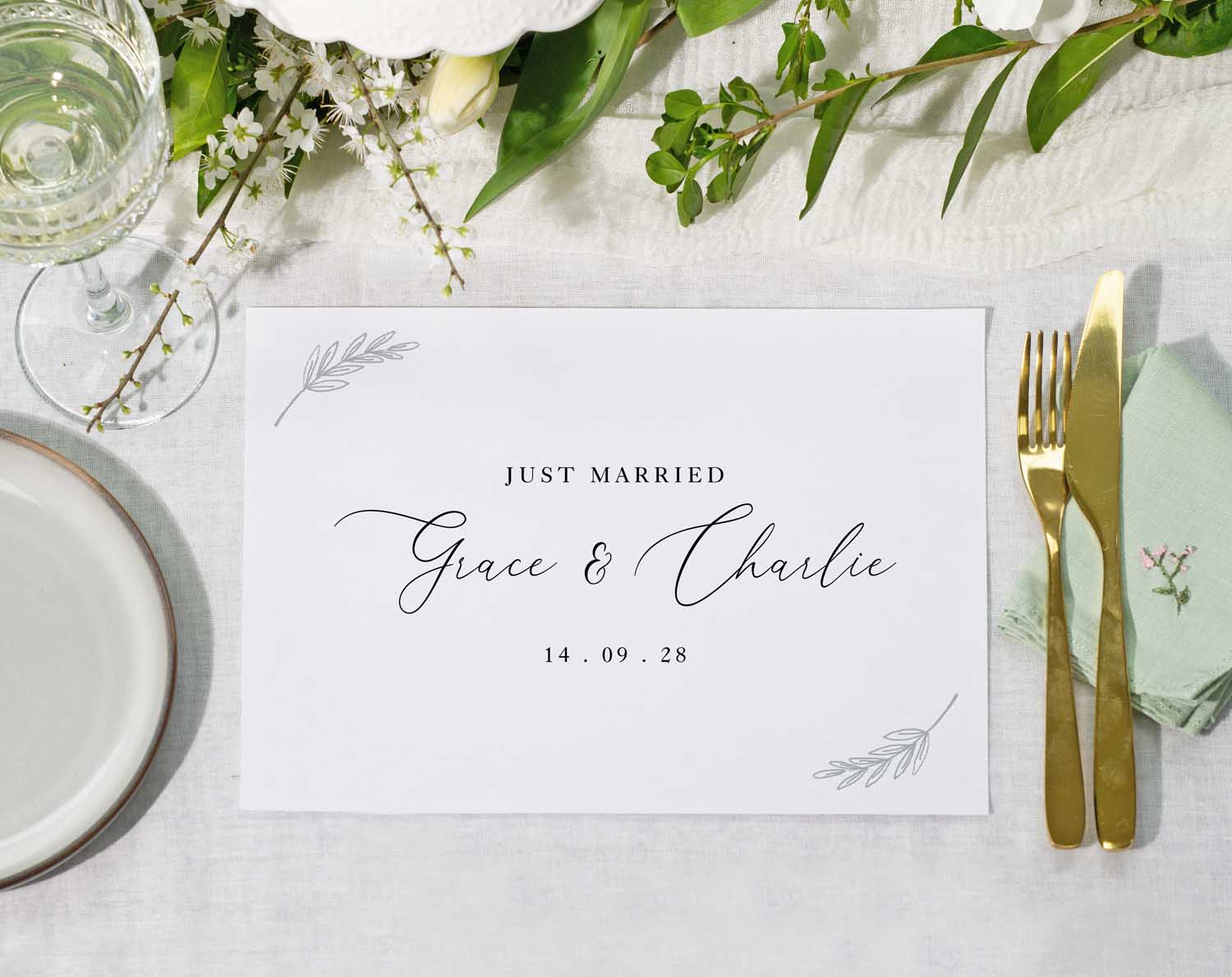 Minimalist Wedding Placemats featuring 'Just Married' design contemporary wedding.