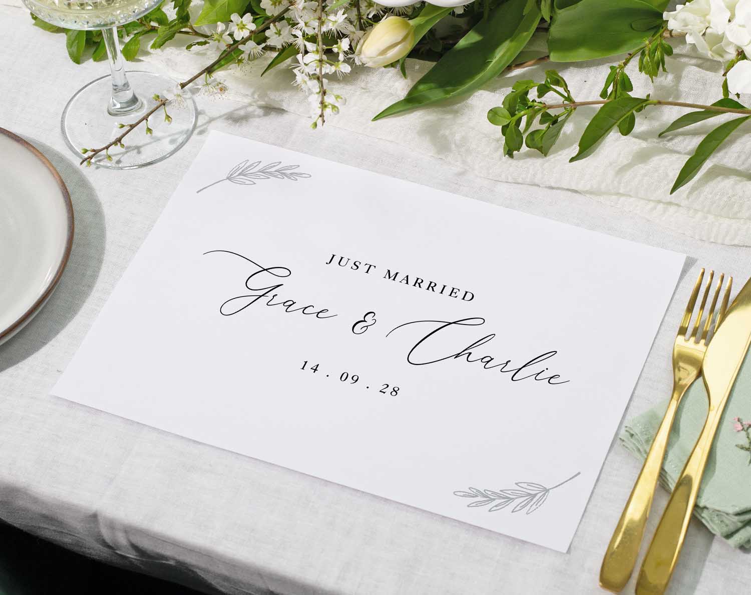 Minimalist Wedding Placemats with 'Just Married' design for table settings.