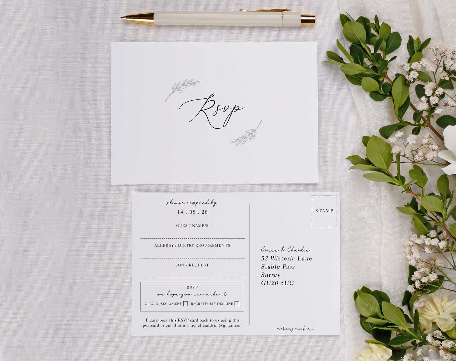 Minimalist Wedding RSVP Cards featuring elegant typography and floral accents on a white background.