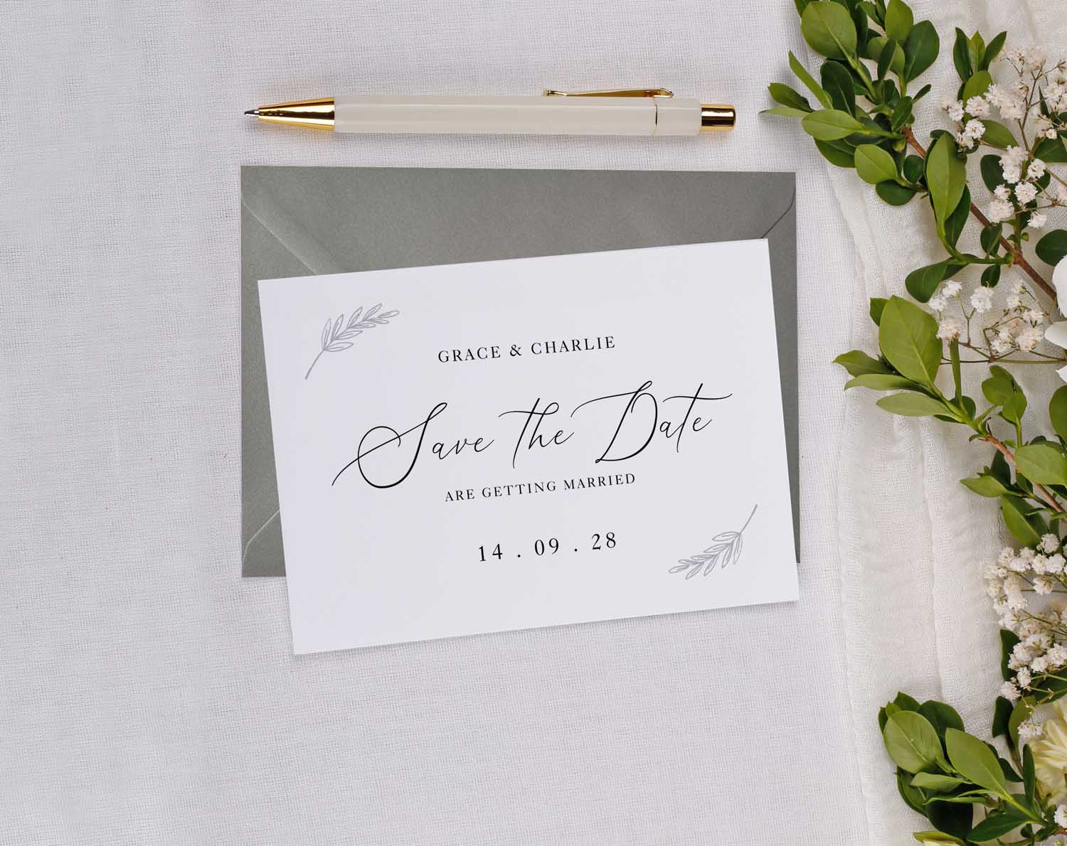 Minimalist Wedding Save The Date cards with elegant design for Grace and Charlie's wedding.