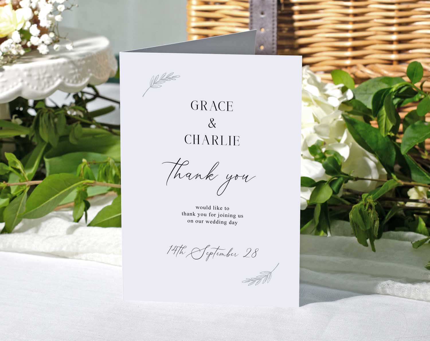 Minimalist Wedding Thank You Cards designed for Grace and Charlie featuring elegant text and floral accents.