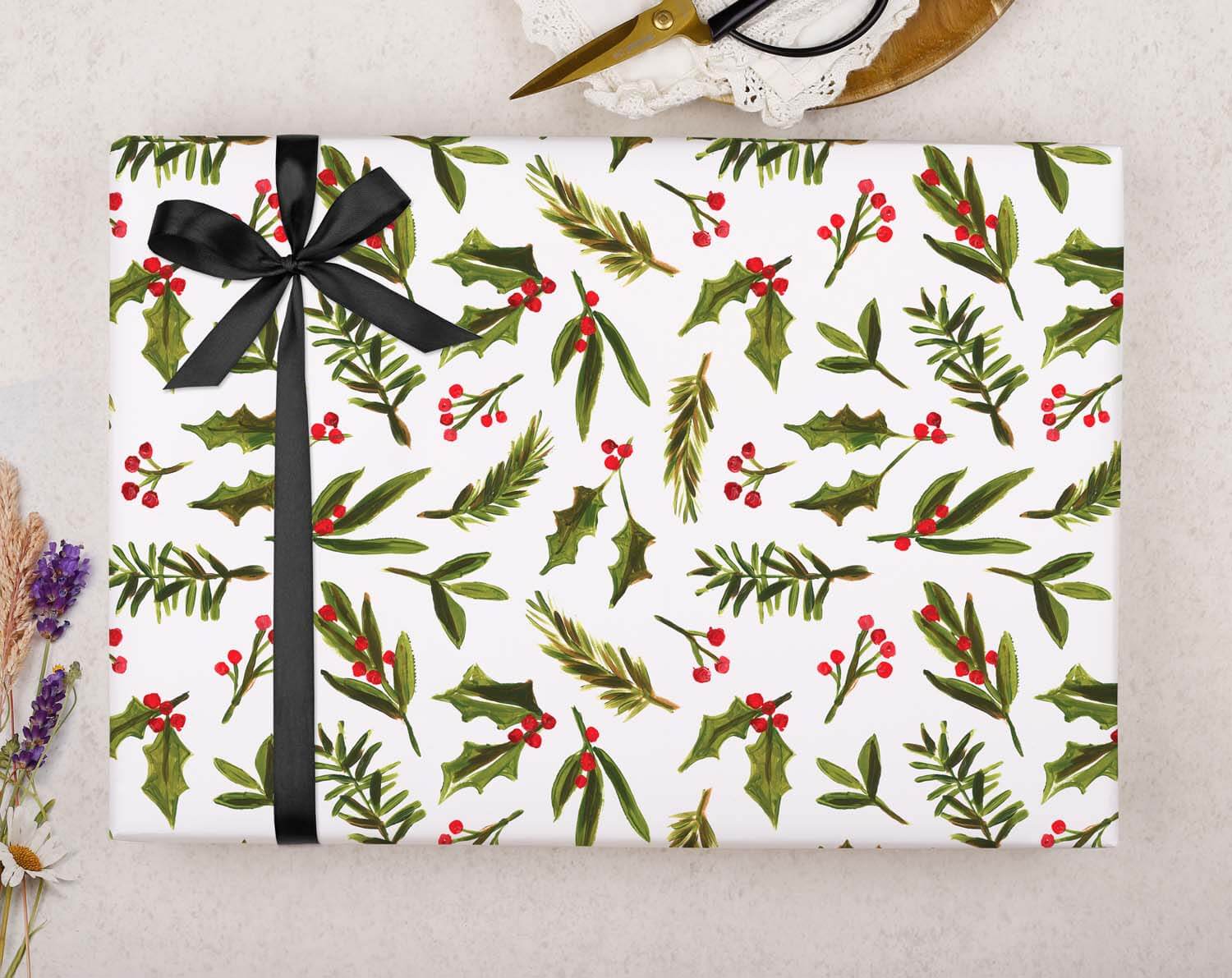 Mistletoe & Holly Christmas Wrapping Paper designed by Making Meadows