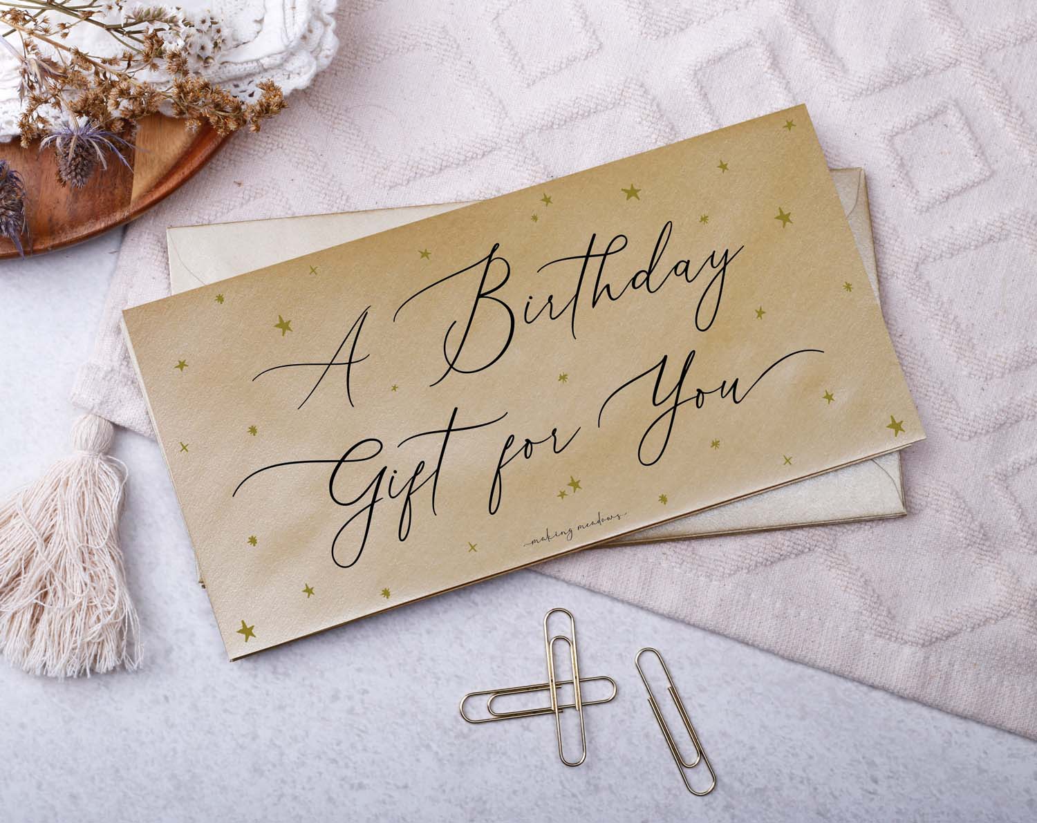 Birthday Gift Money Envelopes featuring elegant script and gold star pattern, perfect for gifting cash on birthdays.