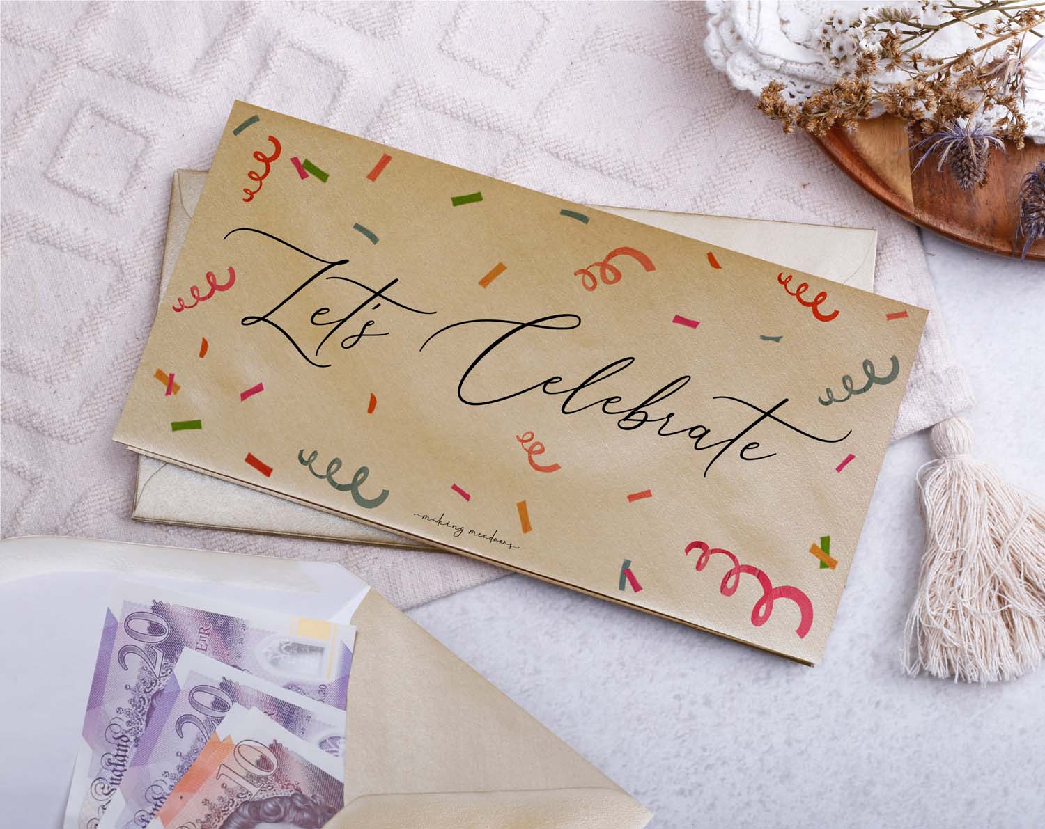 Let's Celebrate Money Envelopes with colorful confetti design, perfect for gifting cash on special occasions.