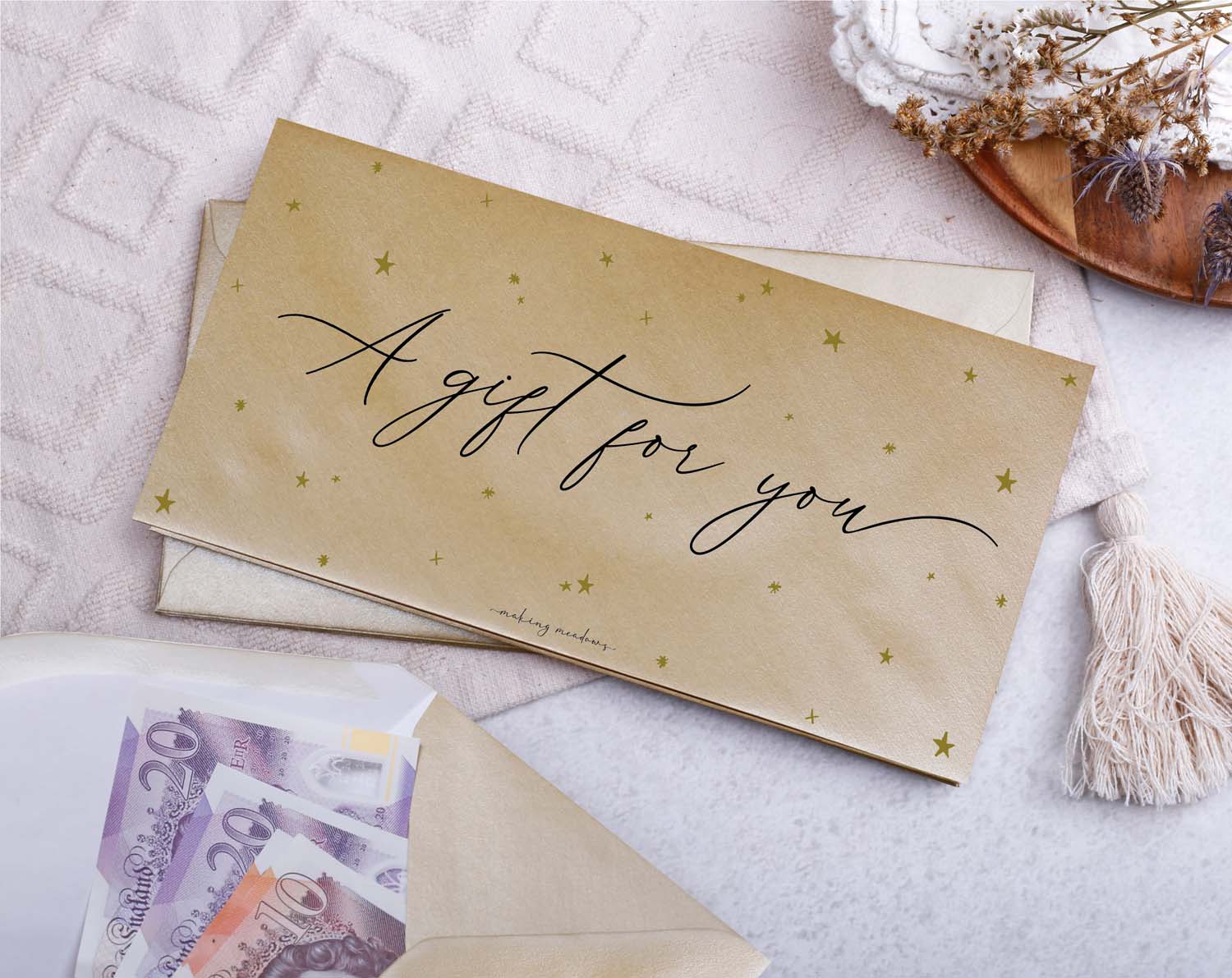 Gift For You Money Envelopes with stars design, featuring a joyful 'A gift for you' message on a gold background.
