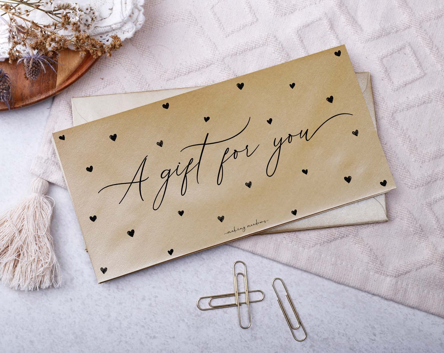 Gift For You Money Envelopes featuring 'A gift for you' with heart pattern on a gold envelope.