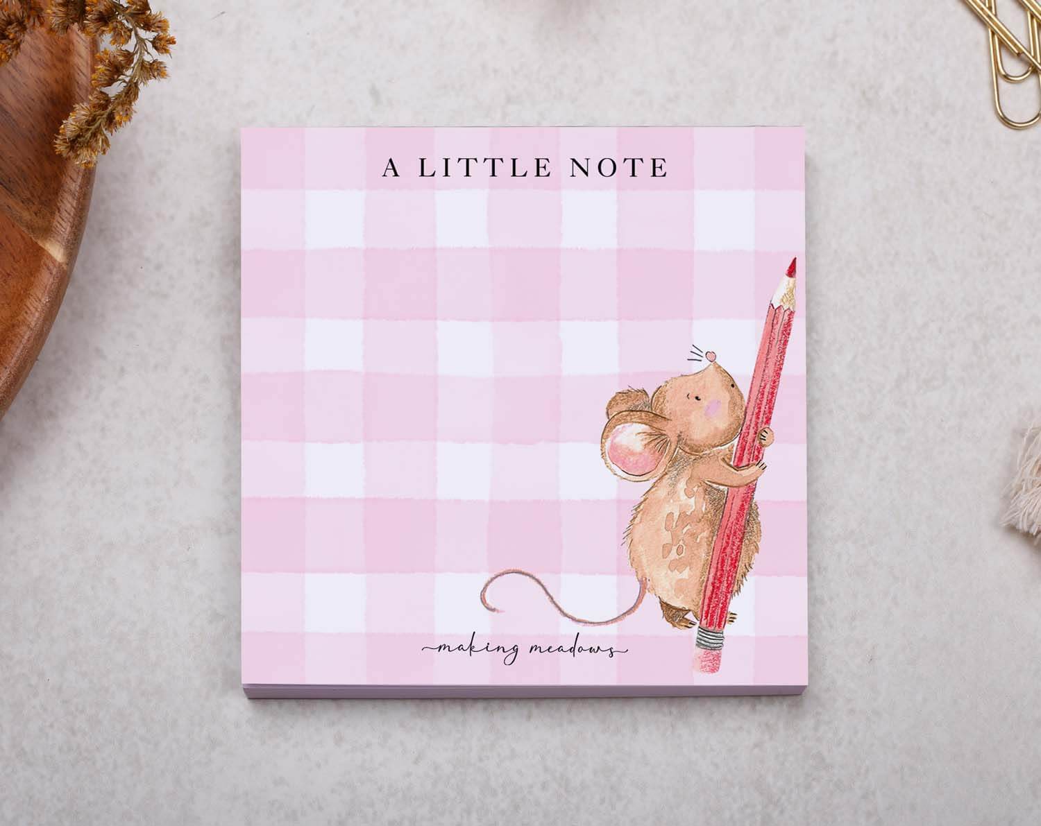 Mouse Memo Pad Block - Small Notepad with cute mouse design and pink checkered background.