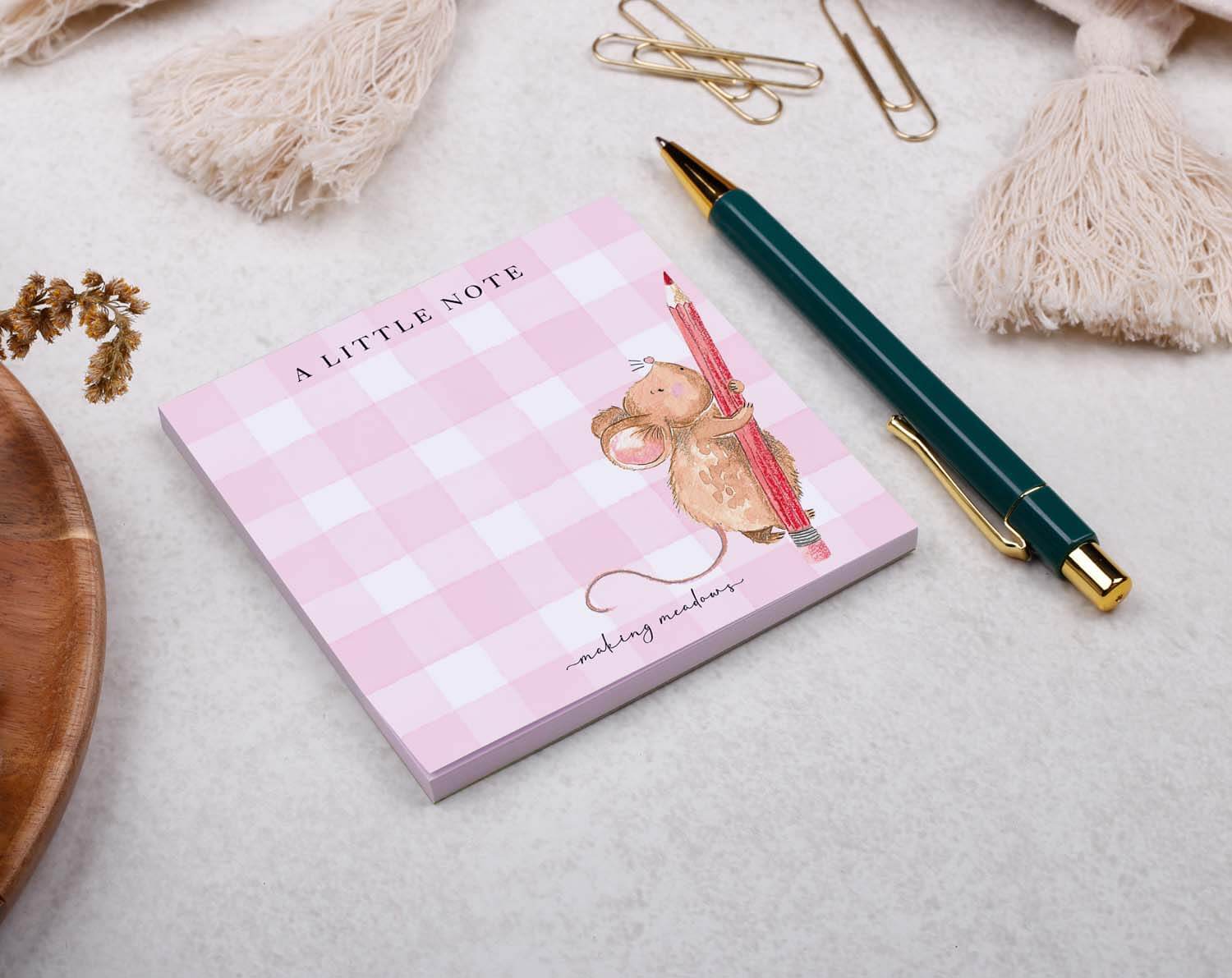 Mouse Memo Pad Block featuring a cute mouse design on a pink checkered background with a green pen.