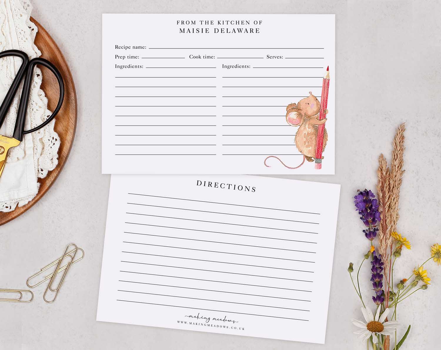Cute Mouse Recipe Cards designed for organizing favorite recipes with charming illustration and cozy style.
