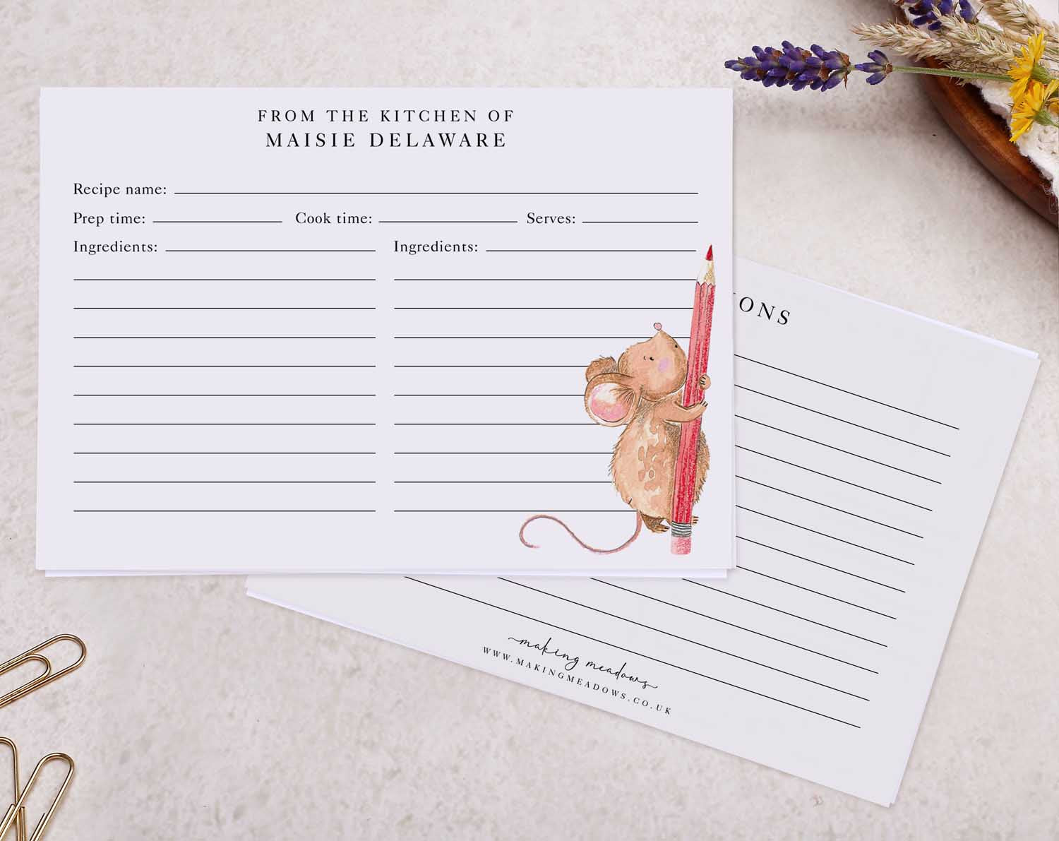 Cute Mouse Recipe Cards featuring a charming mouse illustration for organizing recipes.