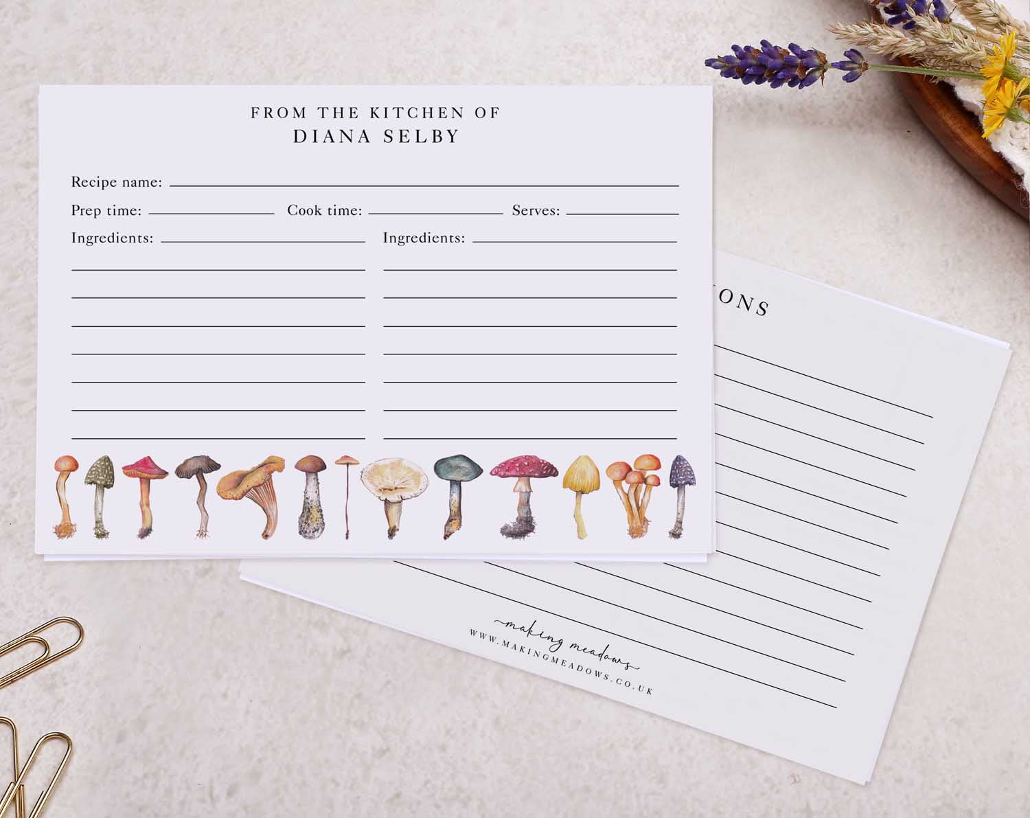 Mushroom Recipe Cards featuring charming illustrations and clear layout for organizing favorite recipes.