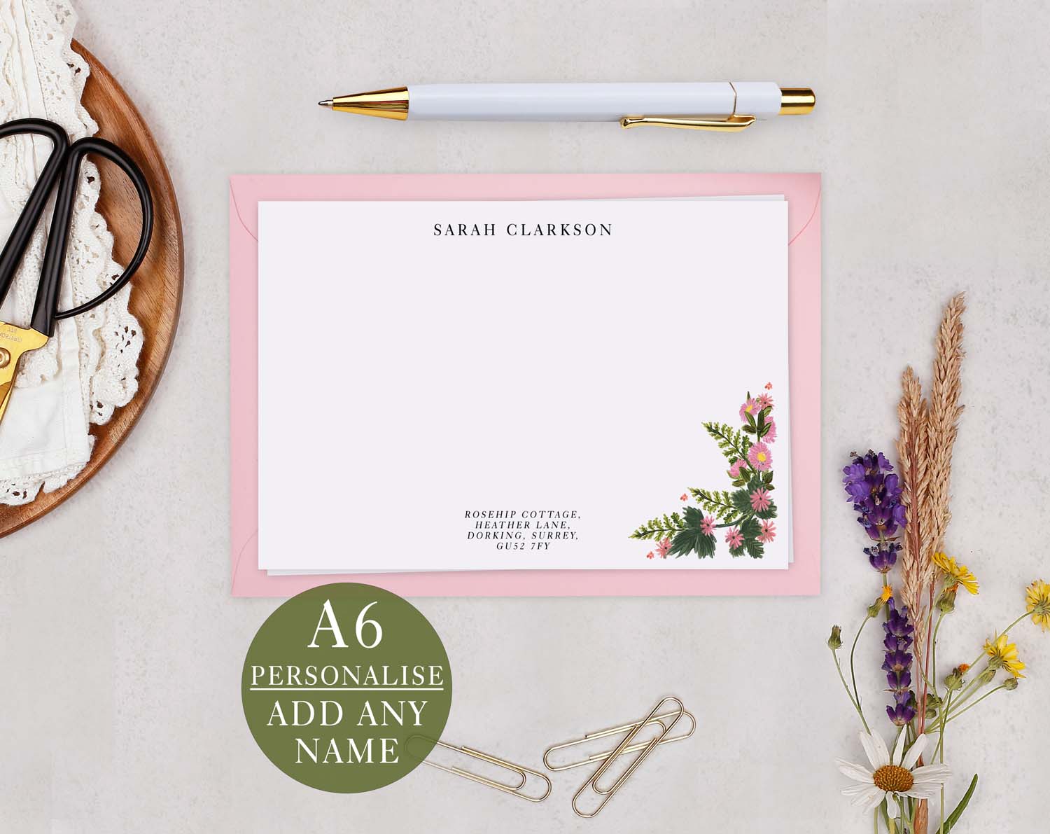 Pink Floral Personalised Notecard