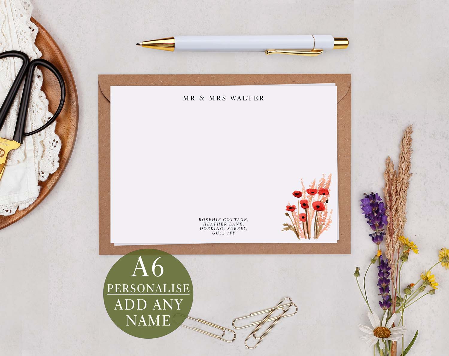 Floral Poppy Personalised Notecard