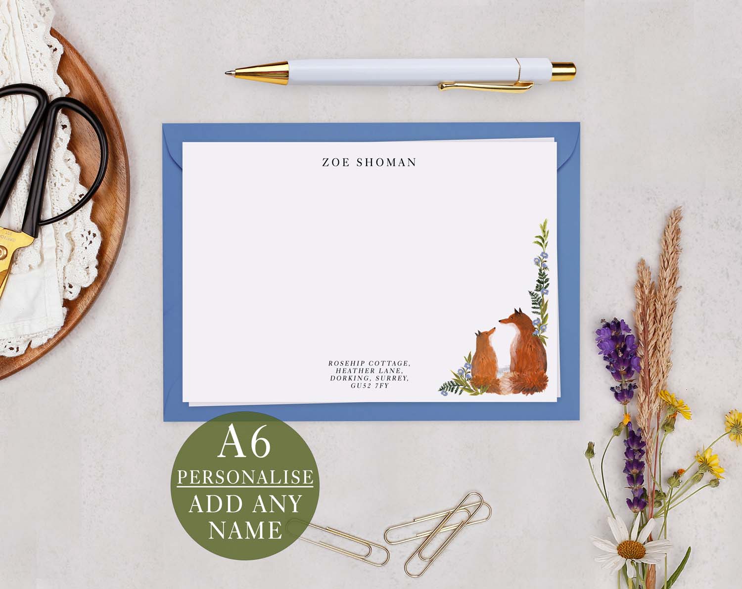 Botanical Fox Personalised Notecard