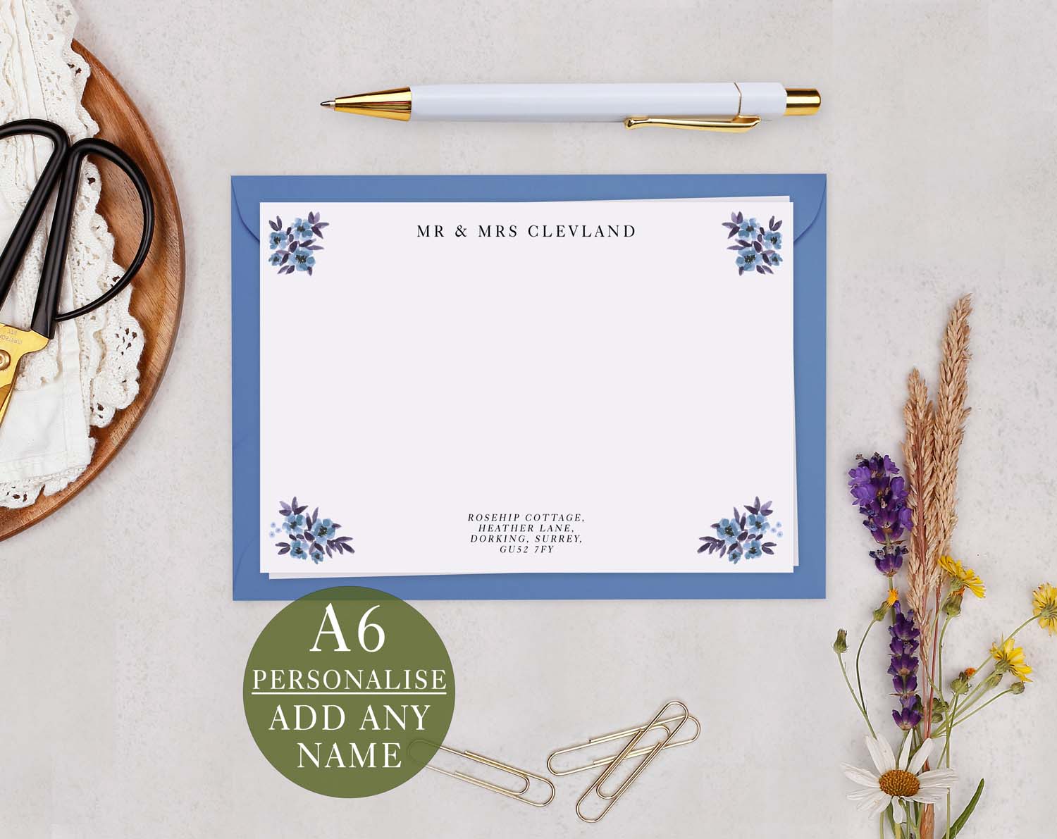 Blue Floral Personalised Notecard