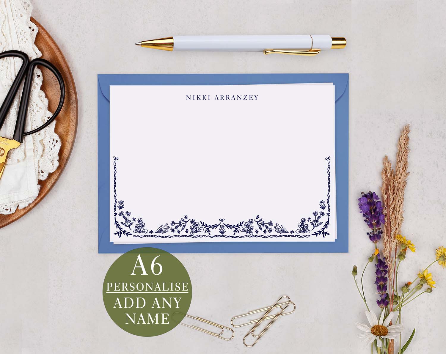 Navy Blue Floral Personalised Notecard