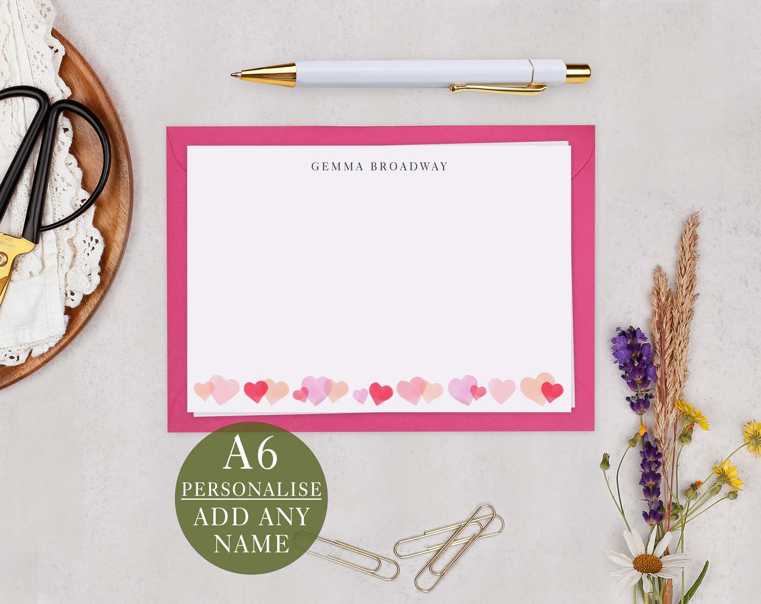 Pink Heart Personalised Notecard