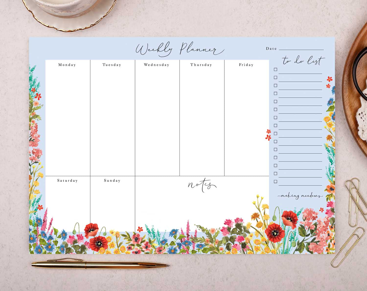 blue floral tear off weekly planner desk pad with 50 pages